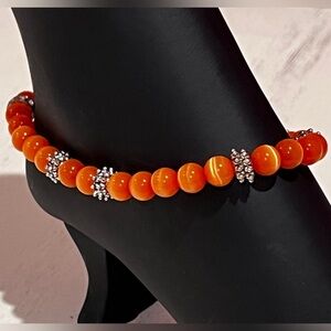 Orange Cat-Eye Handmade Beaded Ankle Bracelet with Silver Daisy Accents